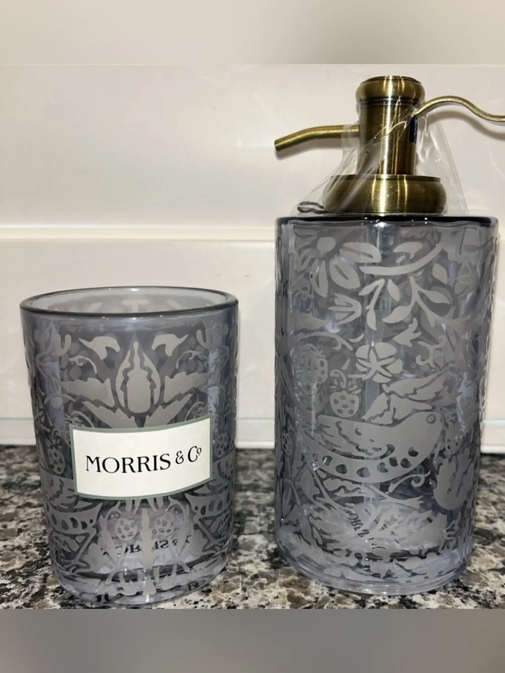 Morris & Co Strawberry Thief Tumbler And Soap Pump Etched Blue